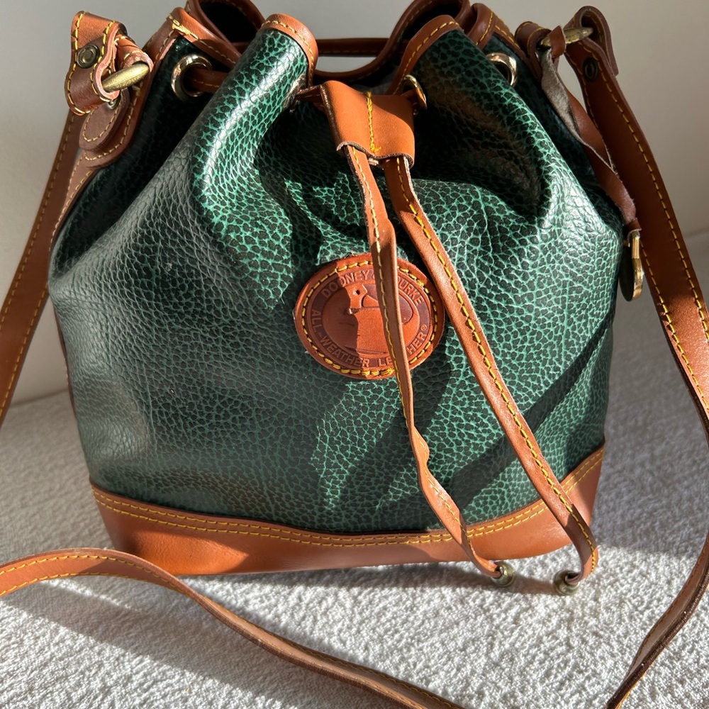 Vintage Dooney & Bourke Drawstring Bucket Bag in Fir Green with British Tan Trim